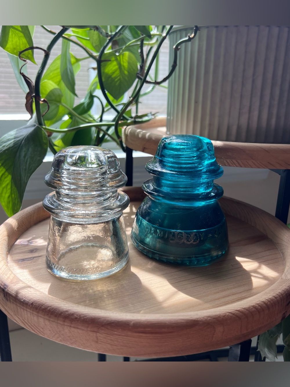 Vintage-Style Glass Insulator Pair in Clear (Armstrong’s) and Teal (Hemingray)
